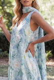 Robe longue bleu clair ligne A à col V à fleurs avec foulard au col, Robes invitée mariage