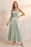 Robe longue vert clair ligne A à une épaule en velours, Robes invitée mariage