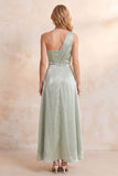 Robe longue vert clair ligne A à une épaule en velours, Robes invitée mariage