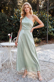Robe longue vert clair ligne A à une épaule en velours, Robes invitée mariage