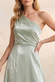 Robe longue vert clair ligne A à une épaule en velours, Robes invitée mariage