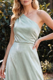 Robe longue vert clair ligne A à une épaule en velours, Robes invitée mariage