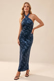 Robe longue bleu marine fourreau à encolure dos-nu en velours avec bretelles croisées, Robes invitée mariage