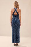 Robe longue bleu marine fourreau à encolure dos-nu en velours avec bretelles croisées, Robes invitée mariage