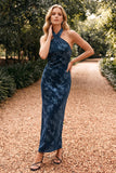 Robe longue bleu marine fourreau à encolure dos-nu en velours avec bretelles croisées, Robes invitée mariage