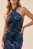 Robe longue bleu marine fourreau à encolure dos-nu en velours avec bretelles croisées, Robes invitée mariage