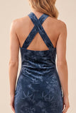 Robe longue bleu marine fourreau à encolure dos-nu en velours avec bretelles croisées, Robes invitée mariage