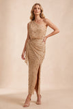 Robe longue champagne fourreau à une épaule avec strass et écharpe, Robes invitée mariage