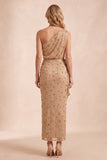 Robe longue champagne fourreau à une épaule avec strass et écharpe, Robes invitée mariage