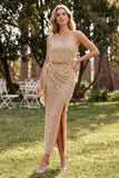 Robe longue champagne fourreau à une épaule avec strass et écharpe, Robes invitée mariage
