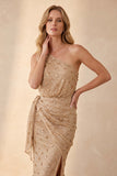 Robe longue champagne fourreau à une épaule avec strass et écharpe, Robes invitée mariage
