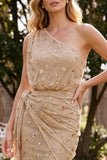 Robe longue champagne fourreau à une épaule avec strass et écharpe, Robes invitée mariage
