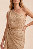 Robe longue champagne fourreau à une épaule avec strass et écharpe, Robes invitée mariage