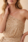 Robe longue champagne fourreau à une épaule avec strass et écharpe, Robes invitée mariage