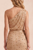 Robe longue champagne fourreau à une épaule avec strass et écharpe, Robes invitée mariage