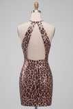 Léopard scintillant à paillettes, robe de cocktail courte moulante avec trou de serrure
