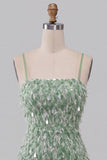 Verte moulante à paillettes, robe de bal courte à col carré avec ourlet asymétrique à volants