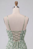 Verte moulante à paillettes, robe de bal courte à col carré avec ourlet asymétrique à volants
