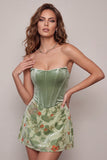 Corset bustier floral sauge poussiéreuse en velours sans bretelles, robe de cocktail courte