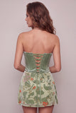 Corset bustier floral sauge poussiéreuse en velours sans bretelles, robe de cocktail courte