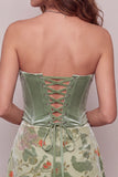 Corset bustier floral sauge poussiéreuse en velours sans bretelles, robe de cocktail courte