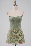 Corset bustier floral sauge poussiéreuse en velours sans bretelles, robe de cocktail courte