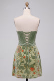 Corset bustier floral sauge poussiéreuse en velours sans bretelles, robe de cocktail courte