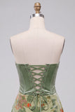 Corset bustier floral sauge poussiéreuse en velours sans bretelles, robe de cocktail courte