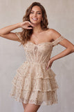 Robe de cocktail courte champagne à épaules dénudées avec corset, étages et perles