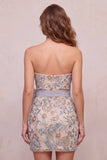 Gris clair moulante à paillettes et perles, robe de cocktail courte avec nœud