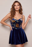 Corset en velours A-Line bleu marine robe courte de rentrée à motifs floraux