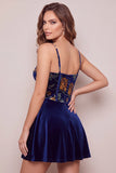 Corset en velours A-Line bleu marine robe courte de rentrée à motifs floraux