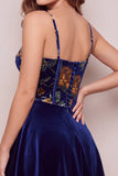 Corset en velours A-Line bleu marine robe courte de rentrée à motifs floraux