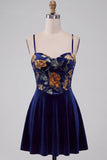 Corset en velours A-Line bleu marine robe courte de rentrée à motifs floraux