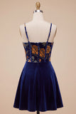 Corset en velours A-Line bleu marine robe courte de rentrée à motifs floraux