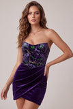 Corset prune en velours sans bretelles bodycon, robe courte de rentrée à la maison