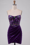 Corset prune en velours sans bretelles bodycon, robe courte de rentrée à la maison