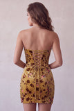 Jaune gingembre en velours, robe de cocktail courte moulante avec corset sans bretelles
