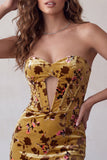 Jaune gingembre en velours, robe de cocktail courte moulante avec corset sans bretelles
