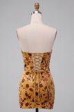 Jaune gingembre en velours, robe de cocktail courte moulante avec corset sans bretelles