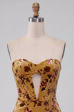 Jaune gingembre en velours, robe de cocktail courte moulante avec corset sans bretelles
