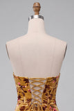 Jaune gingembre en velours, robe de cocktail courte moulante avec corset sans bretelles