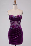 Corset en velours violet bodycon, robe-courte fleurielée froncée sans bretelles