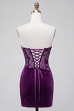 Corset en velours violet bodycon, robe-courte fleurielée froncée sans bretelles