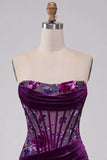 Corset en velours violet bodycon, robe-courte fleurielée froncée sans bretelles