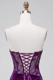 Corset en velours violet bodycon, robe-courte fleurielée froncée sans bretelles