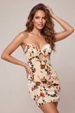 Champagne florale en velours effet mouillé, robe de cocktail courte moulante sans bretelles avec trou de serrure