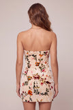 Champagne florale en velours effet mouillé, robe de cocktail courte moulante sans bretelles avec trou de serrure