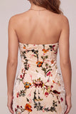 Champagne florale en velours effet mouillé, robe de cocktail courte moulante sans bretelles avec trou de serrure