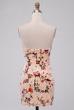 Champagne florale en velours effet mouillé, robe de cocktail courte moulante sans bretelles avec trou de serrure